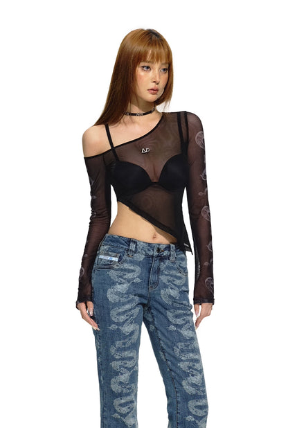 Black Printed Stretchy Mesh Long Sleeve Top - CHINASQUAD