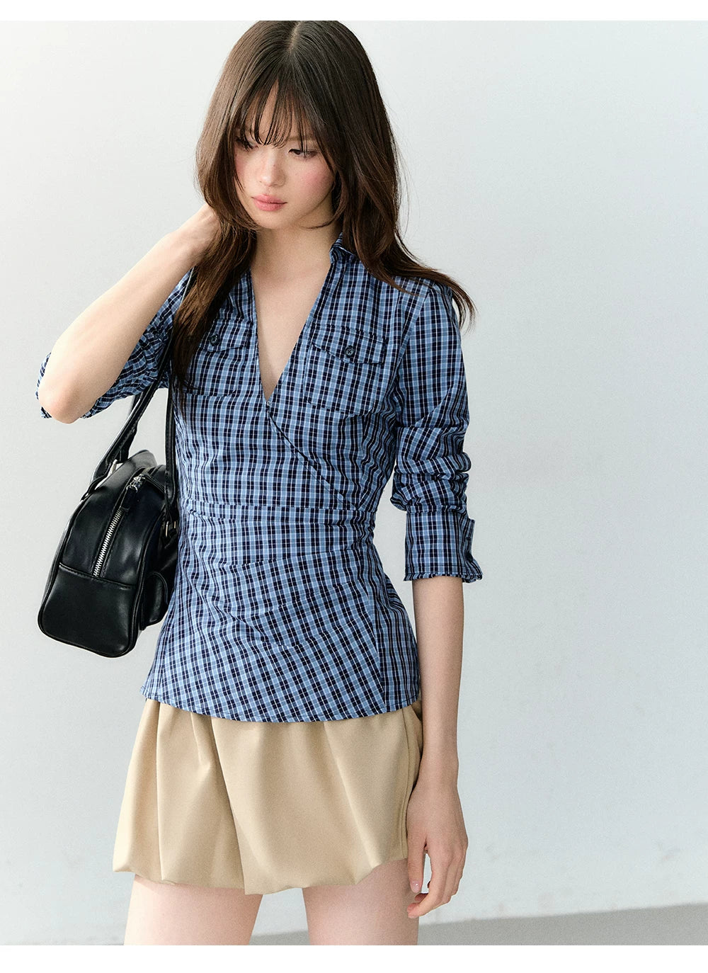 Wrapped V-Neck Plaid Shirt