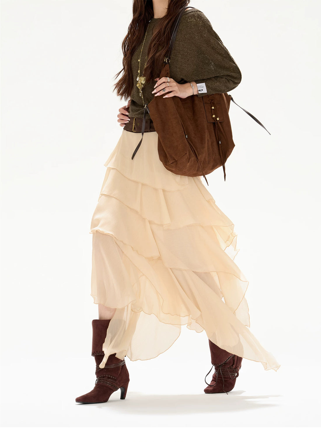 Faux-Belt Tiered Chiffon Maxi Skirt