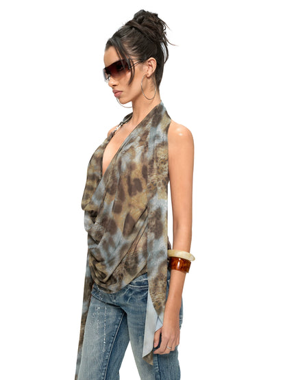 Leopard Drape-Front Backless Mesh Camisole