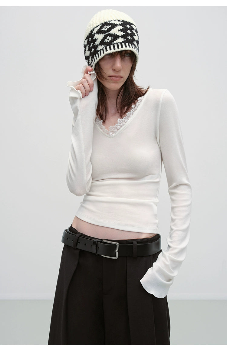 Lace V-neck Slim Long-Sleeve T-shirt