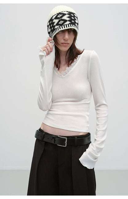 Lace V-neck Slim Long-Sleeve T-shirt