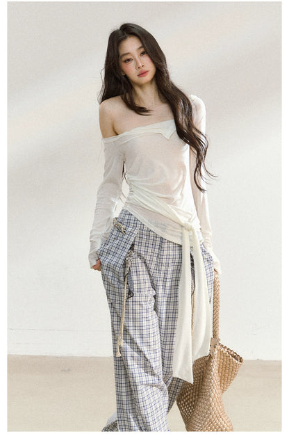 Asymmetric Shoulder Cross-Tie Knit T-Shirt