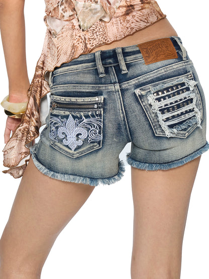 High-Waisted Embellished Denim Shorts