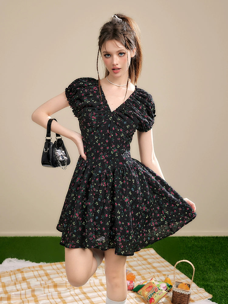 Black V-neck Ruffle Trim Floral Dress