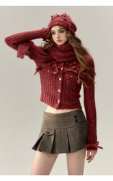 Red & Black Bow Decorated Knit Cardigan - CHINASQUAD