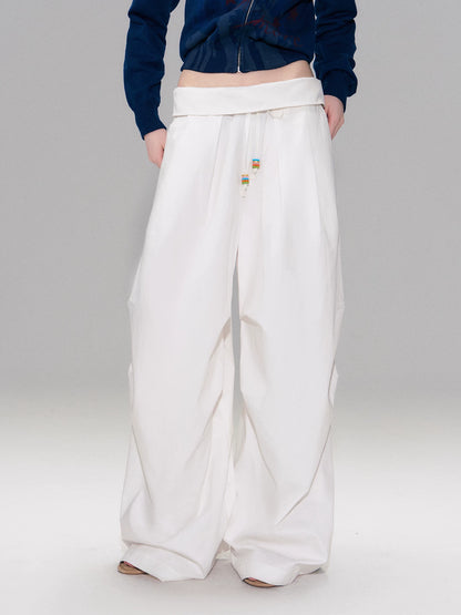 Fold-Over Waist Wide-Leg Curved Pants