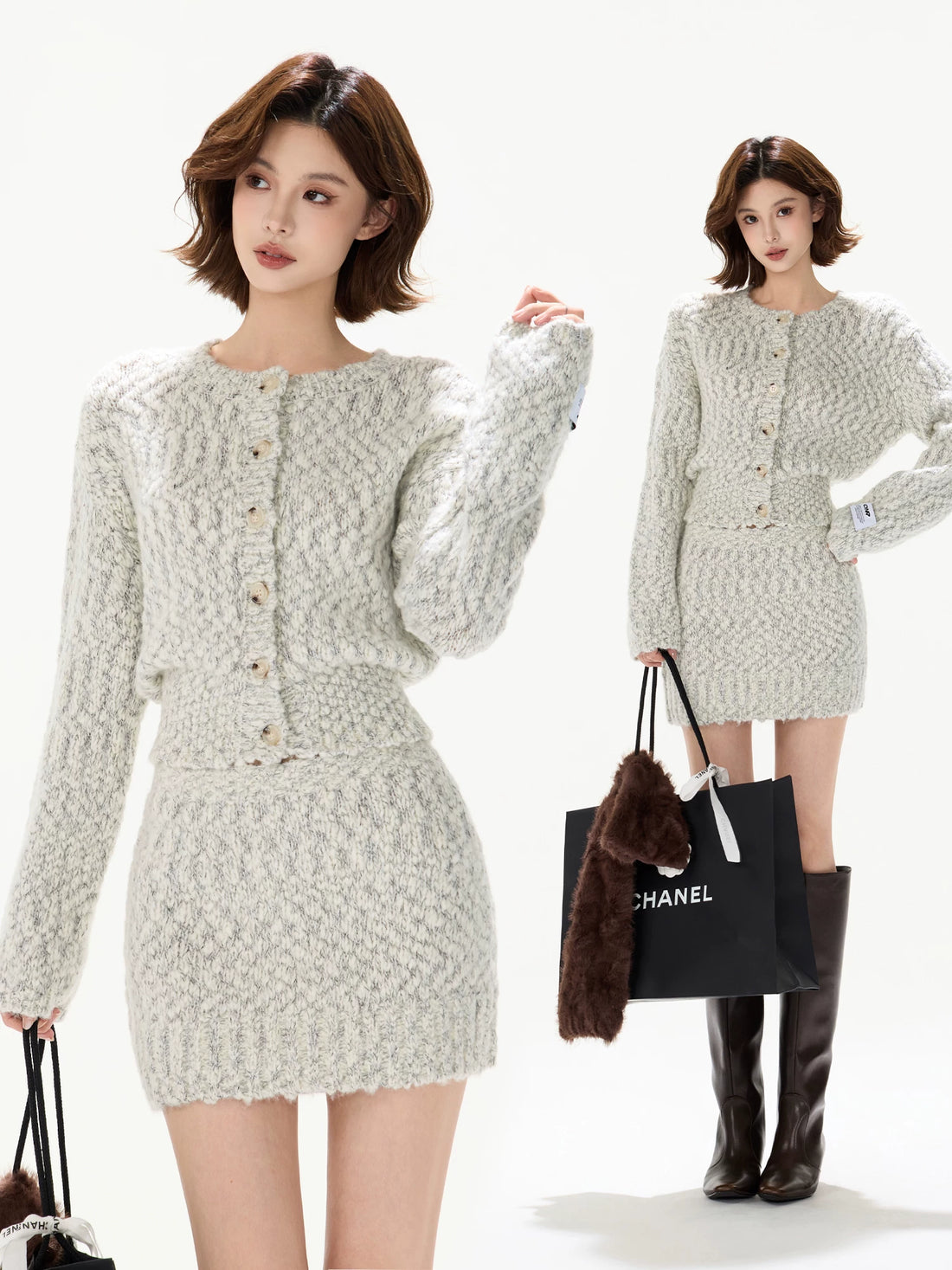 Knit Cardigan &amp; Mini Skirt Tweed-Style Set