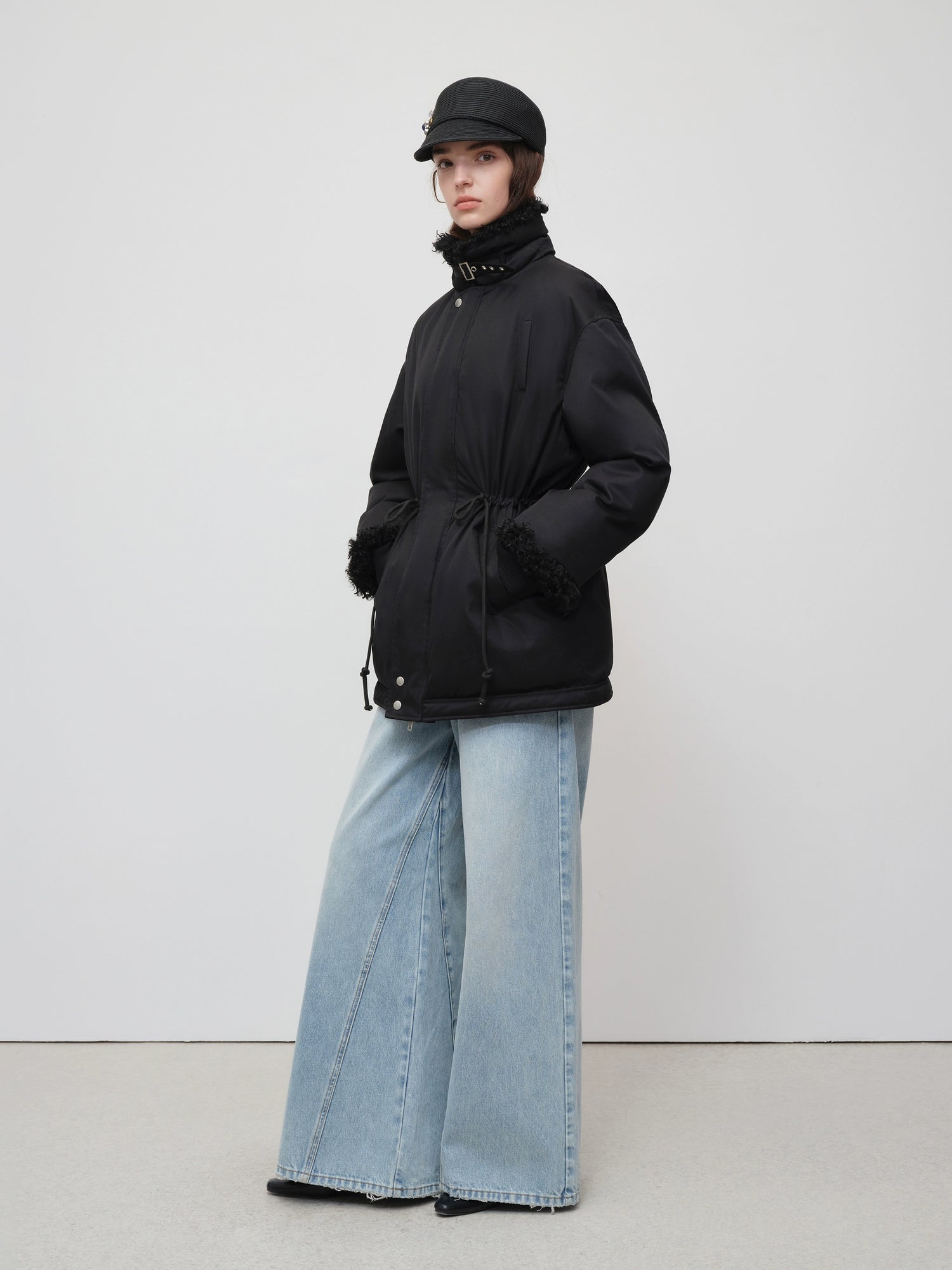Black Longline Fleece Collar Windbreaker