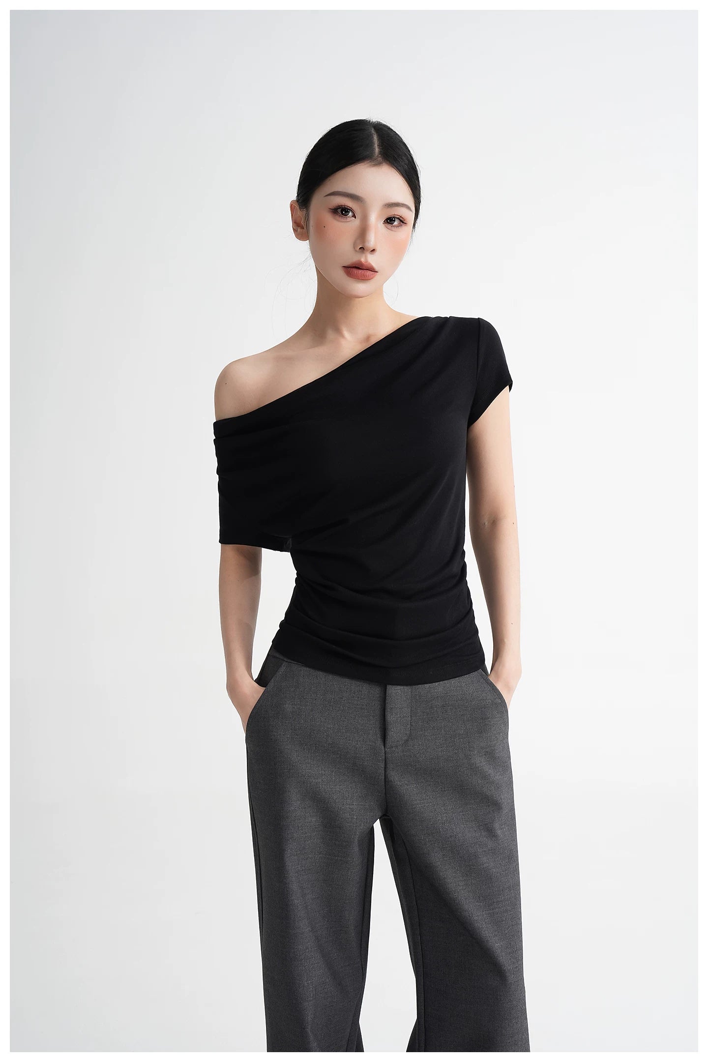 Draped Off-Shoulder Fitted Short Sleeve T-Shirt