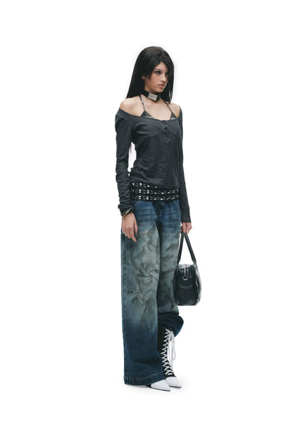 Y2K Grunge Washed Off-Shoulder Layered Long Sleeve Top