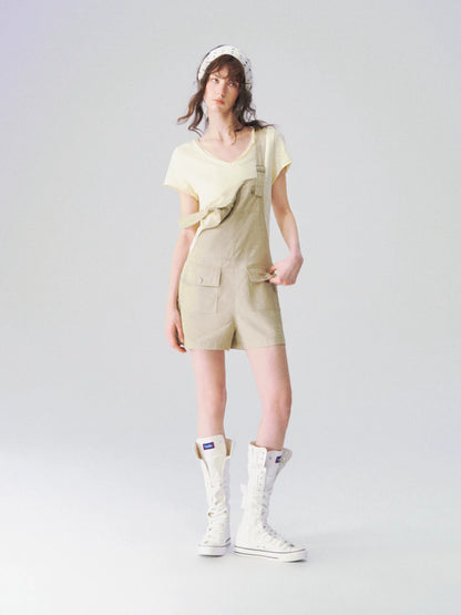 Linen Blend Utility Suspender Shorts