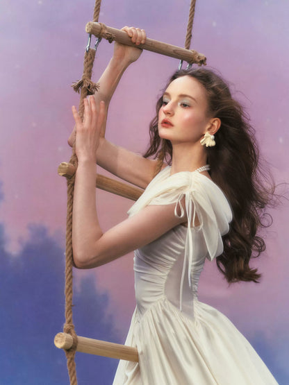 White French Court-Style Draped-Neck Dress