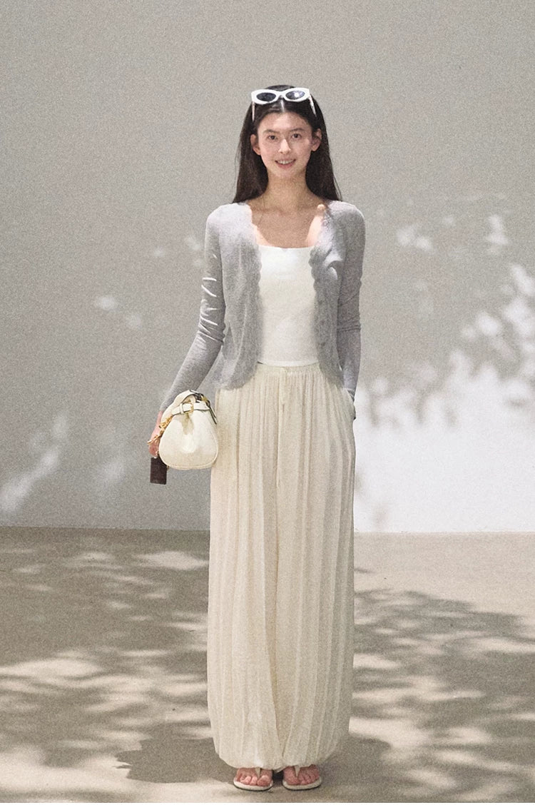 Lyocell Wool Lace-Trim Fitted Knit Cardigan