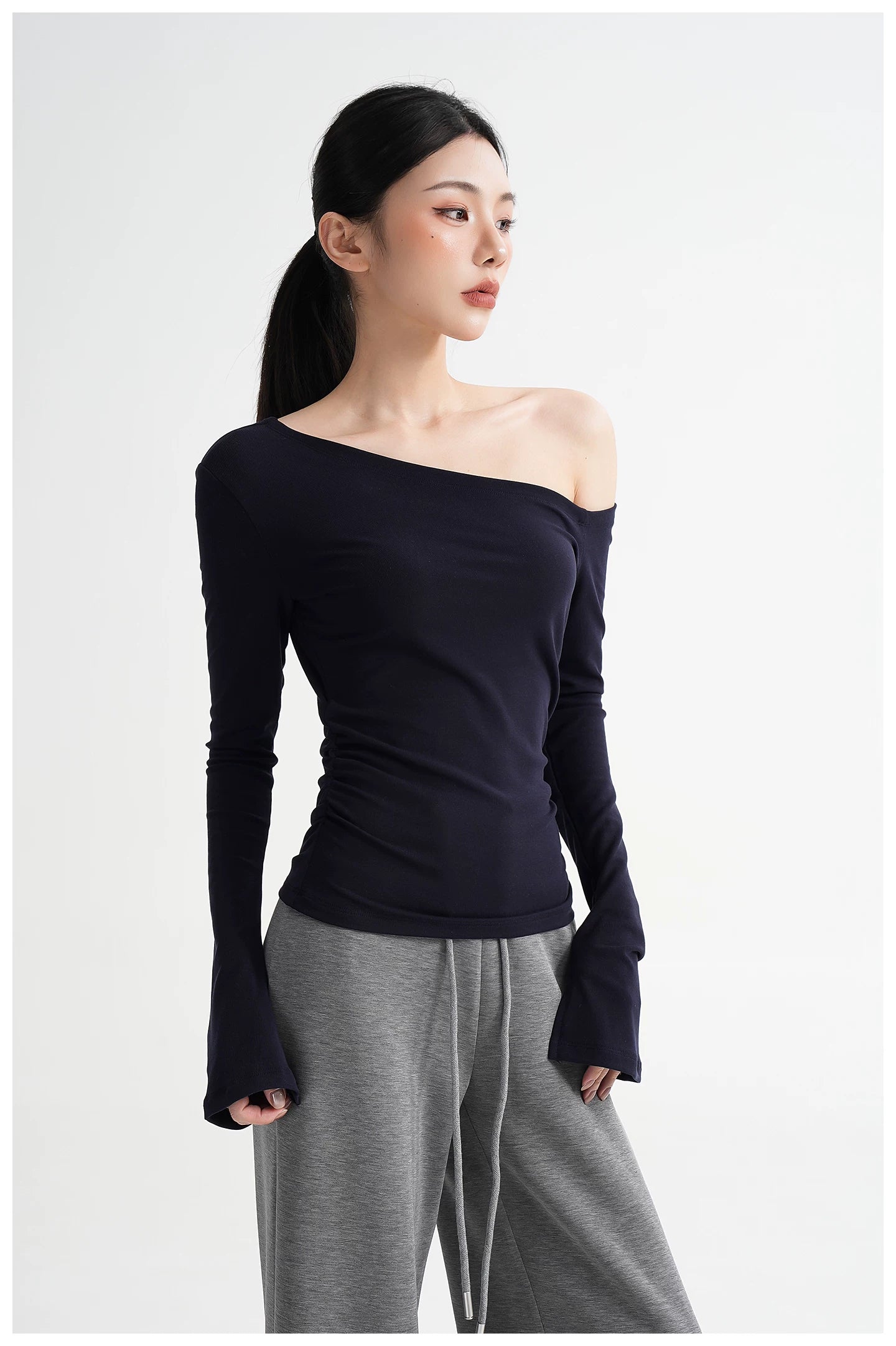 One-Shoulder Lyocell Flared Sleeve Fitted T-Shirt