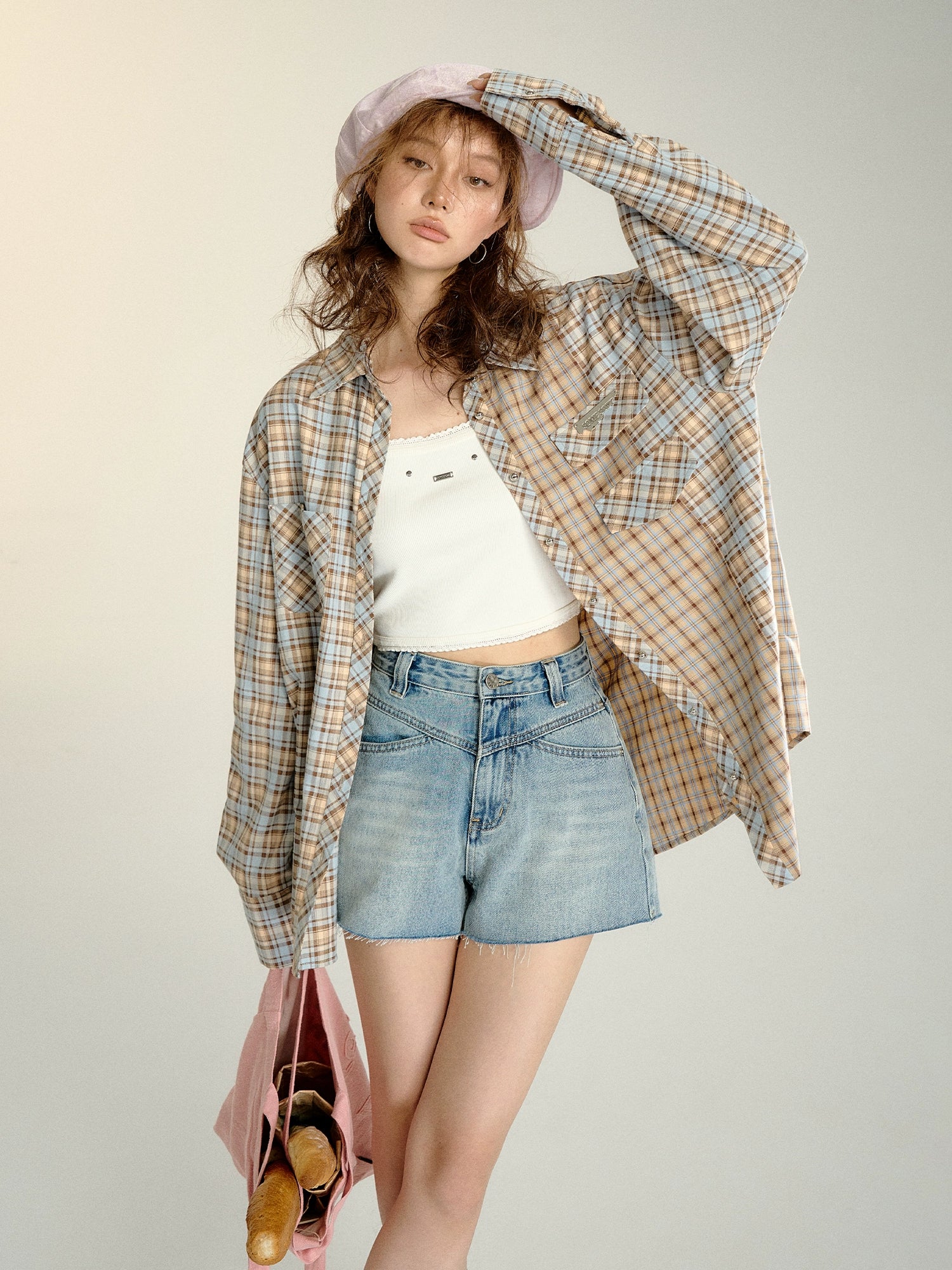 Color-blocked Plaid Oversized Shirt