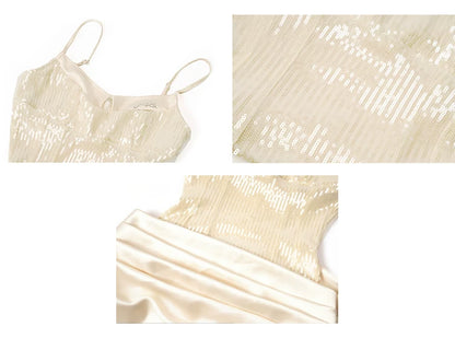 Champagne Sequin Satin Panelled Slip Dress