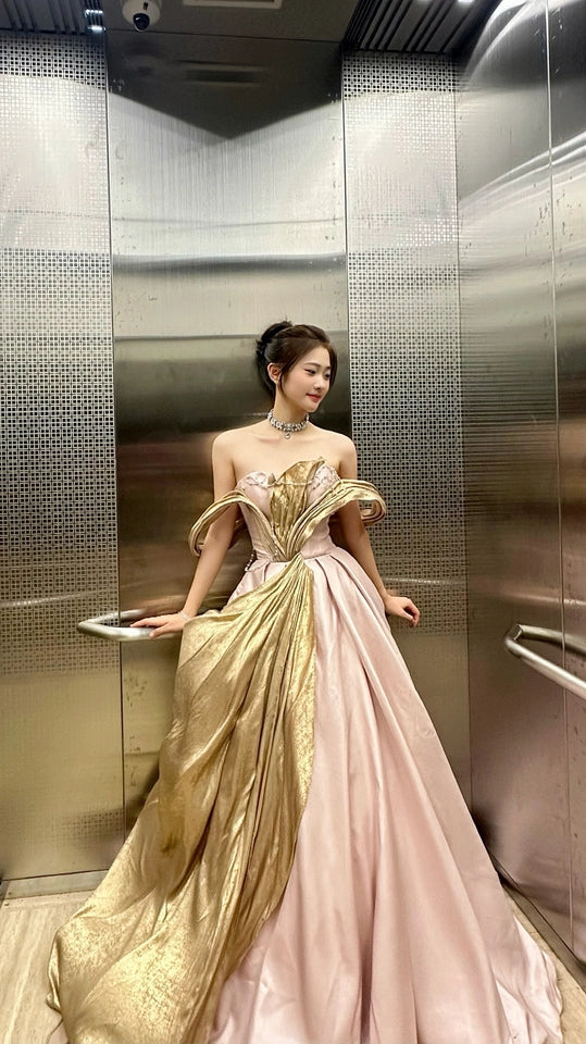 Stunning Elegance Off-Shoulder Gown with Golden Draping