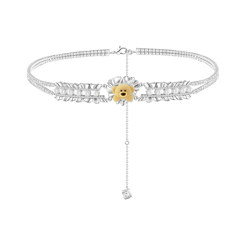 Pleated Heart &amp; Pearl Velvet Bear Necklace