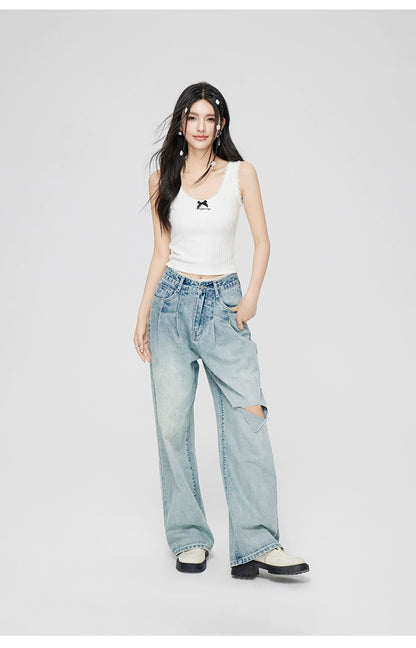 White &amp; Blue Lace Jeans Wide-leg Pants - CHINASQUAD