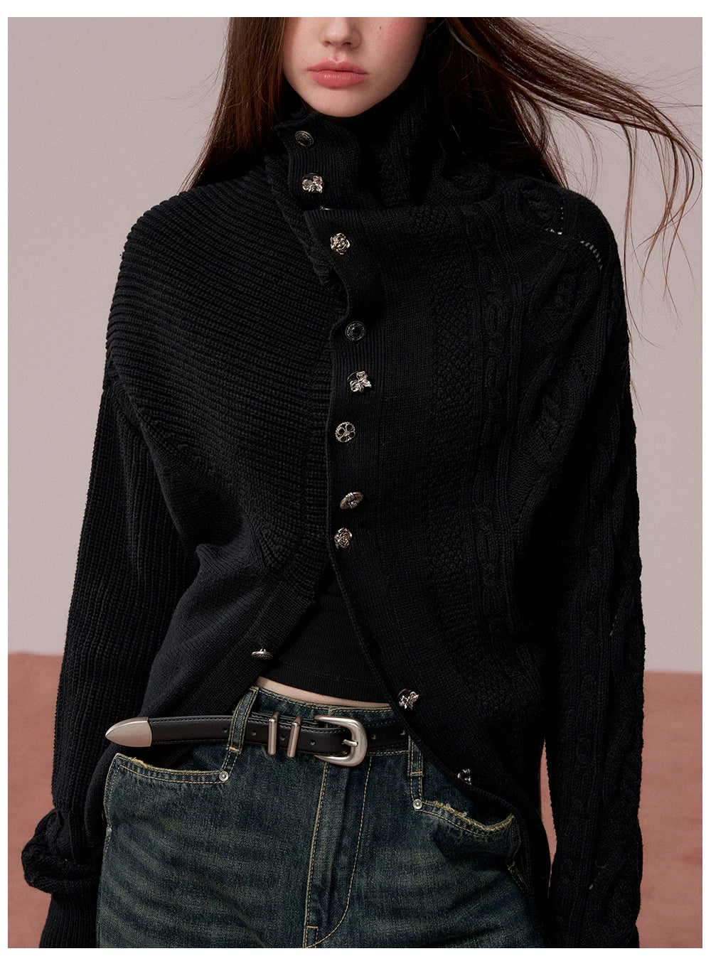 Oversized Collar Asymmetric Knit Sweater Jacket