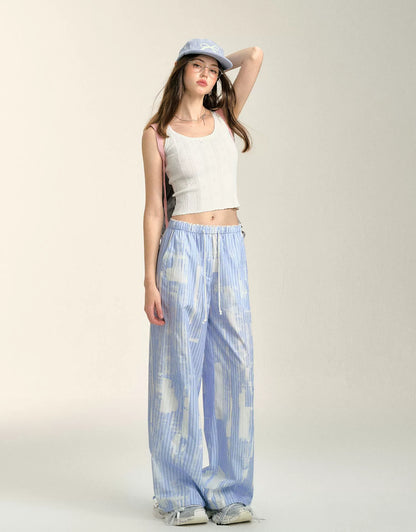 Blue Cloud Stripe Drawstring Pants