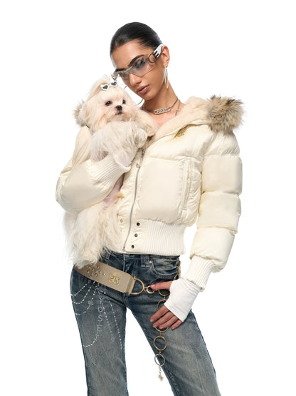 Vintage Waist-Cinched Cropped Down Jacket