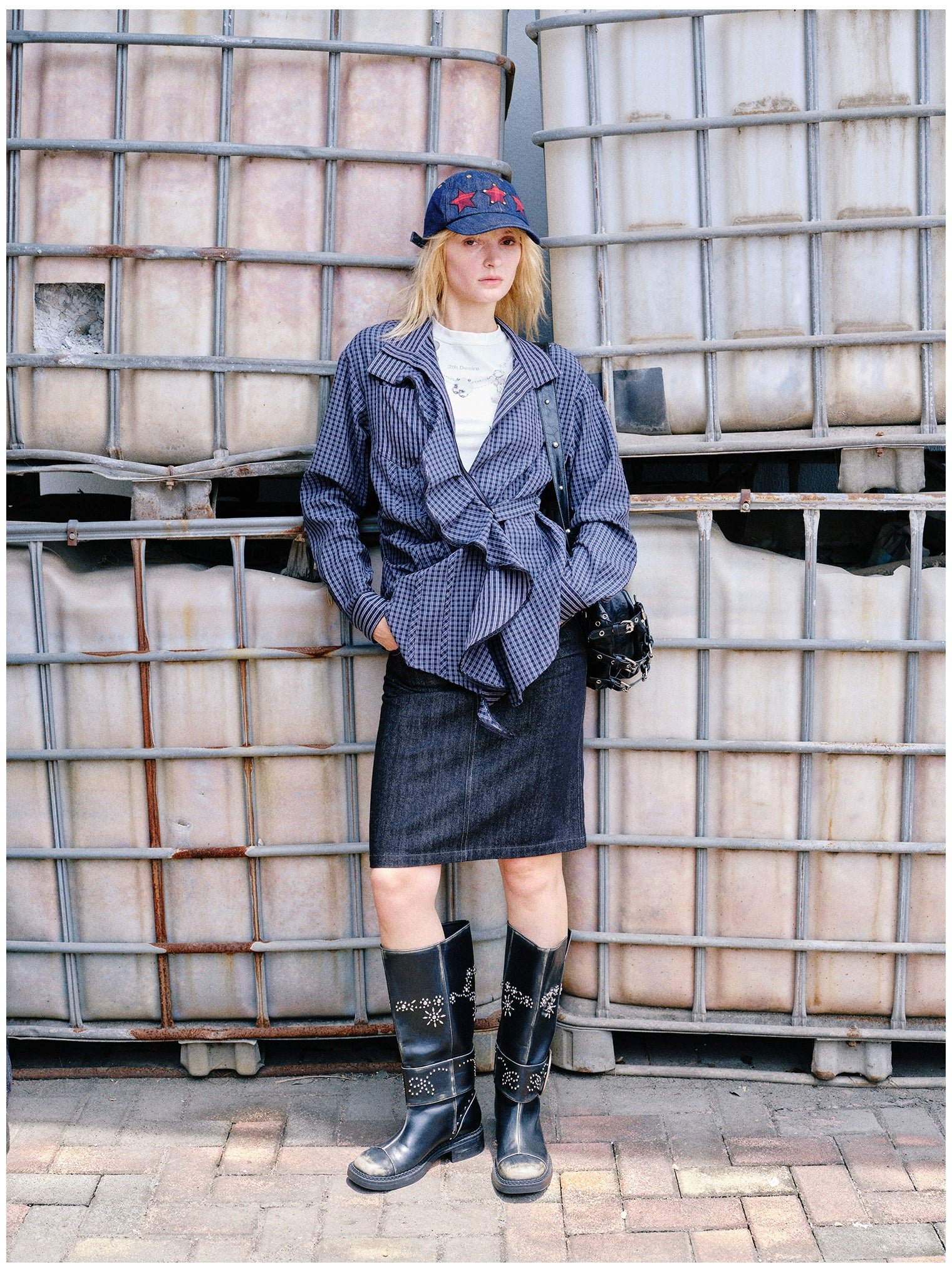 Embroidered Plaid Ruffle-Edge Shirt