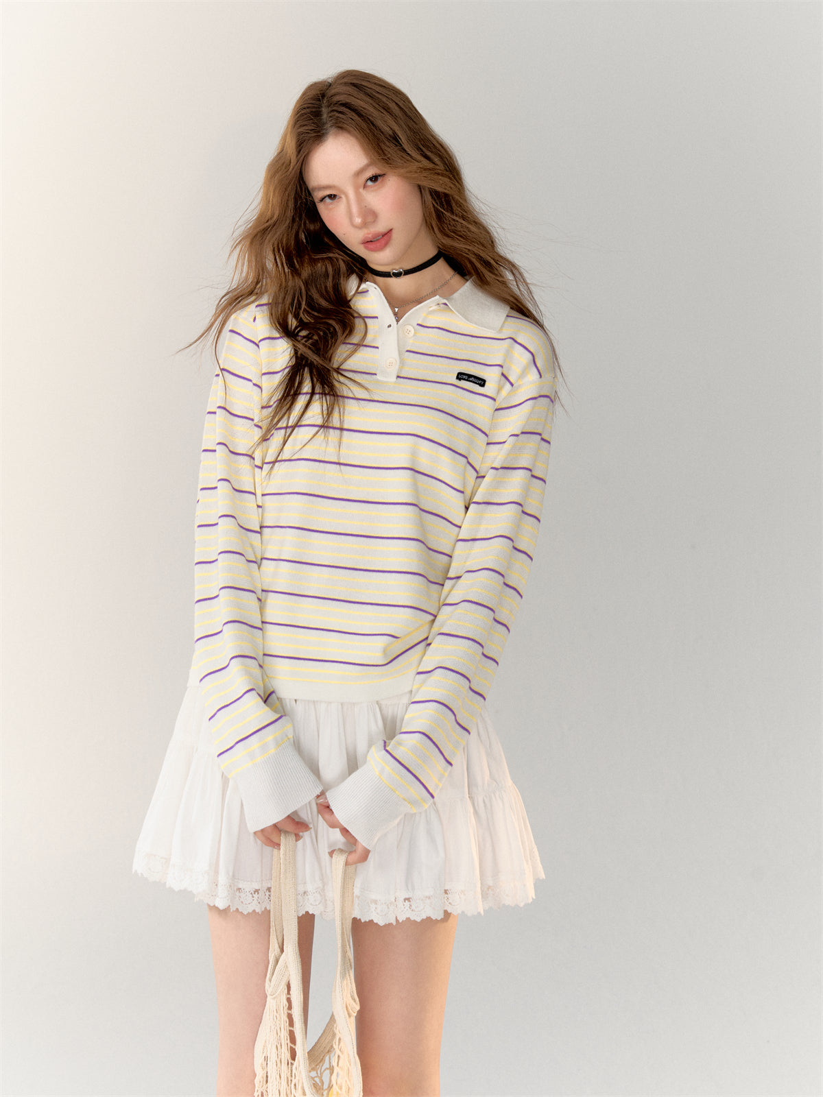 Color-block Striped Knit Polo Top