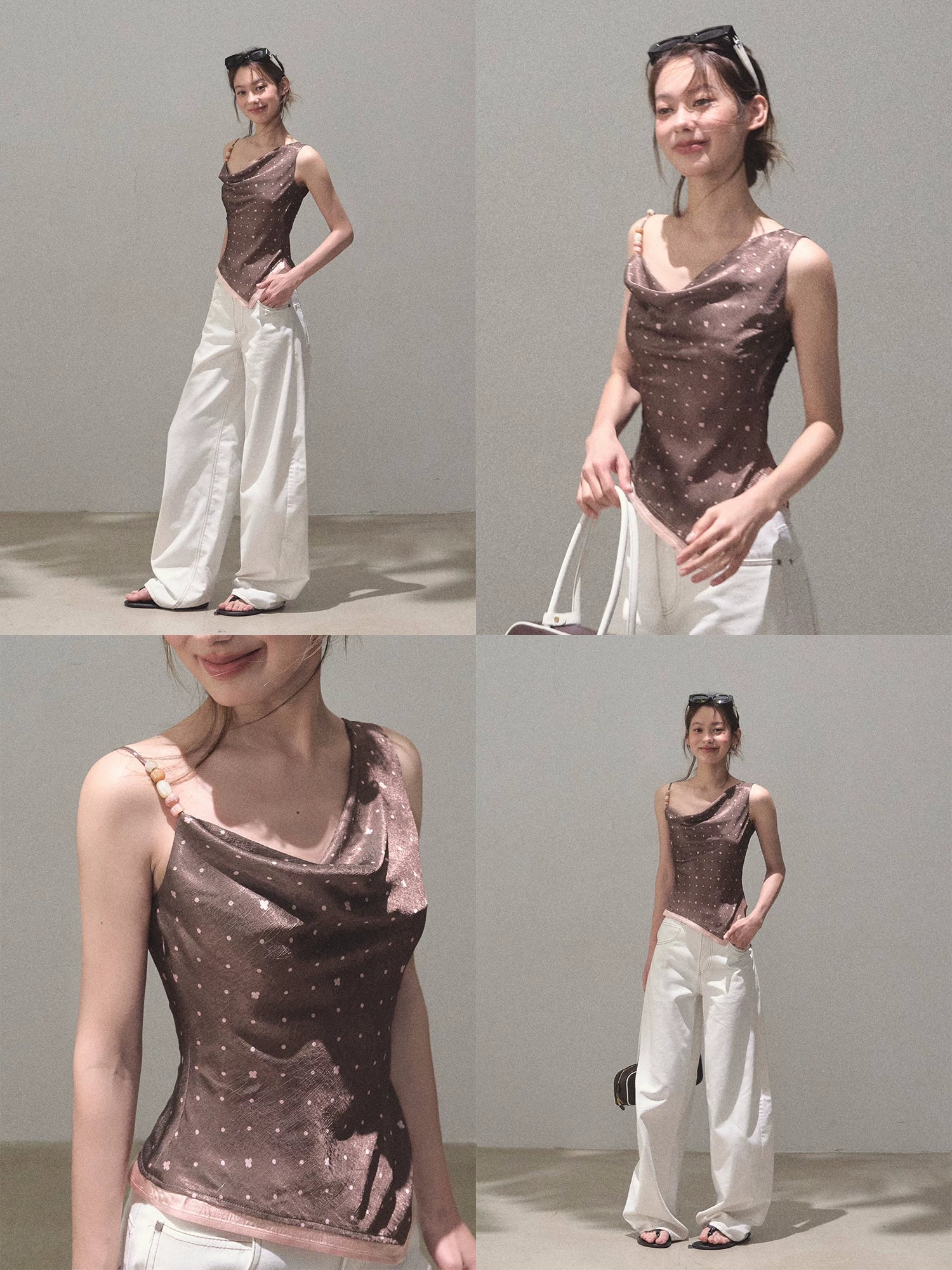 Asymmetrical Polka Dot Waist-Cinched Camisole