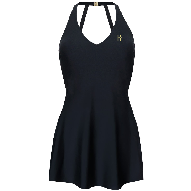 Black UPF 50+ Halter Neck Skirted One-piece Swimsuit
