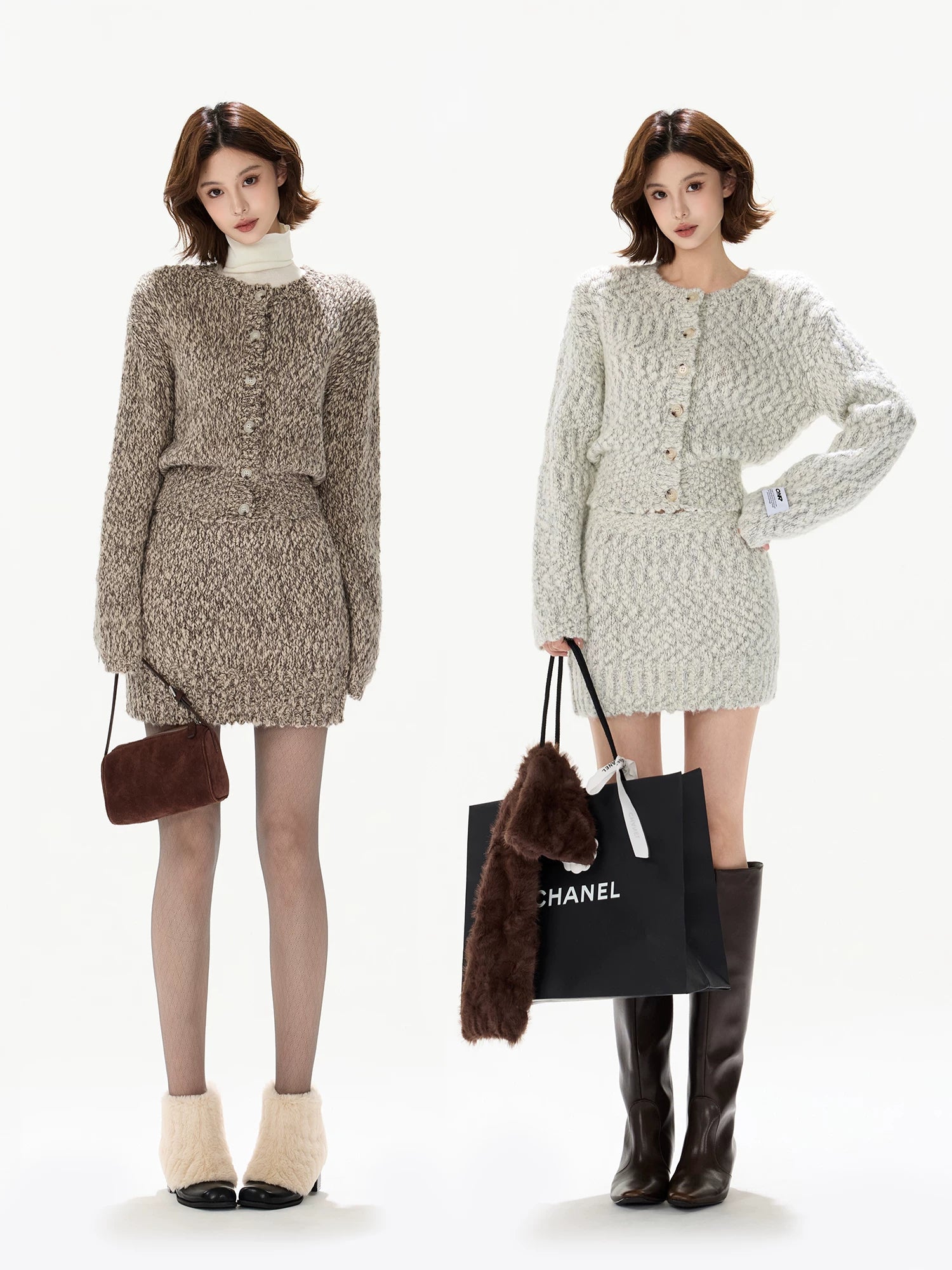 Knit Cardigan &amp; Mini Skirt Tweed-Style Set