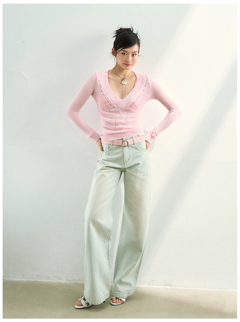 Distressed Openwork V-Neck Knit Top