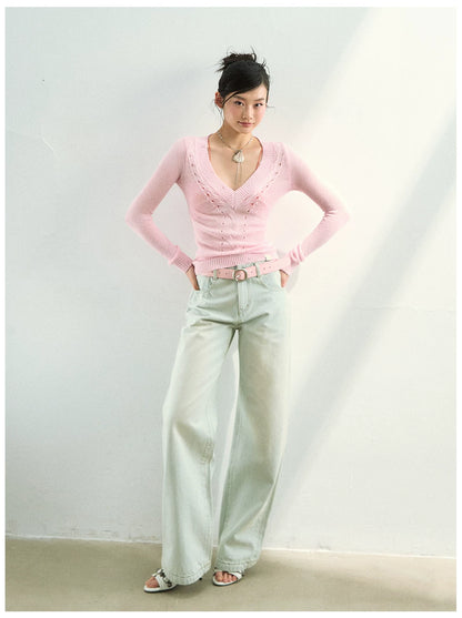 Distressed Openwork V-Neck Knit Top