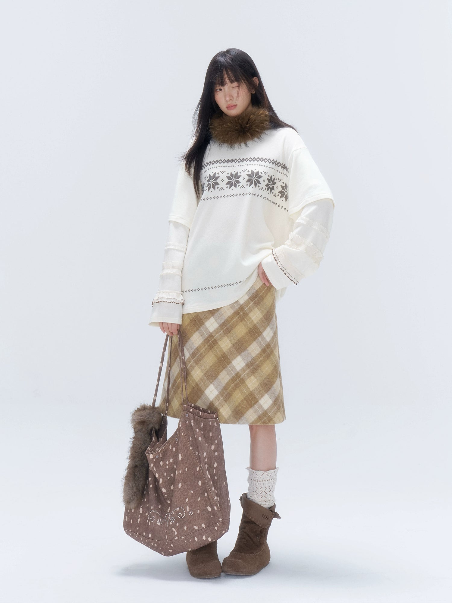 Yellow Plaid Wool-Blend Midi Skirt