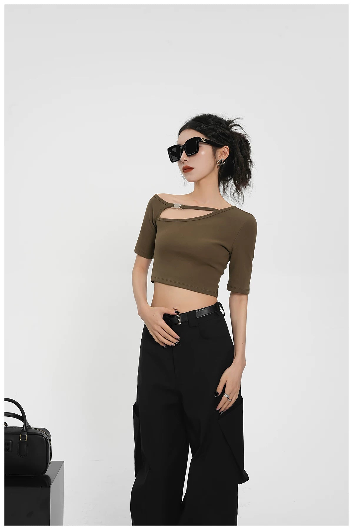Asymmetric One-Shoulder Cropped Stretch T-Shirt
