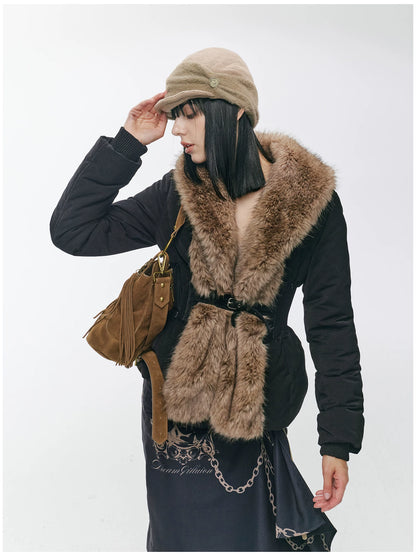 Vintage-Tech Distressed Fur-Panel Down Jacket