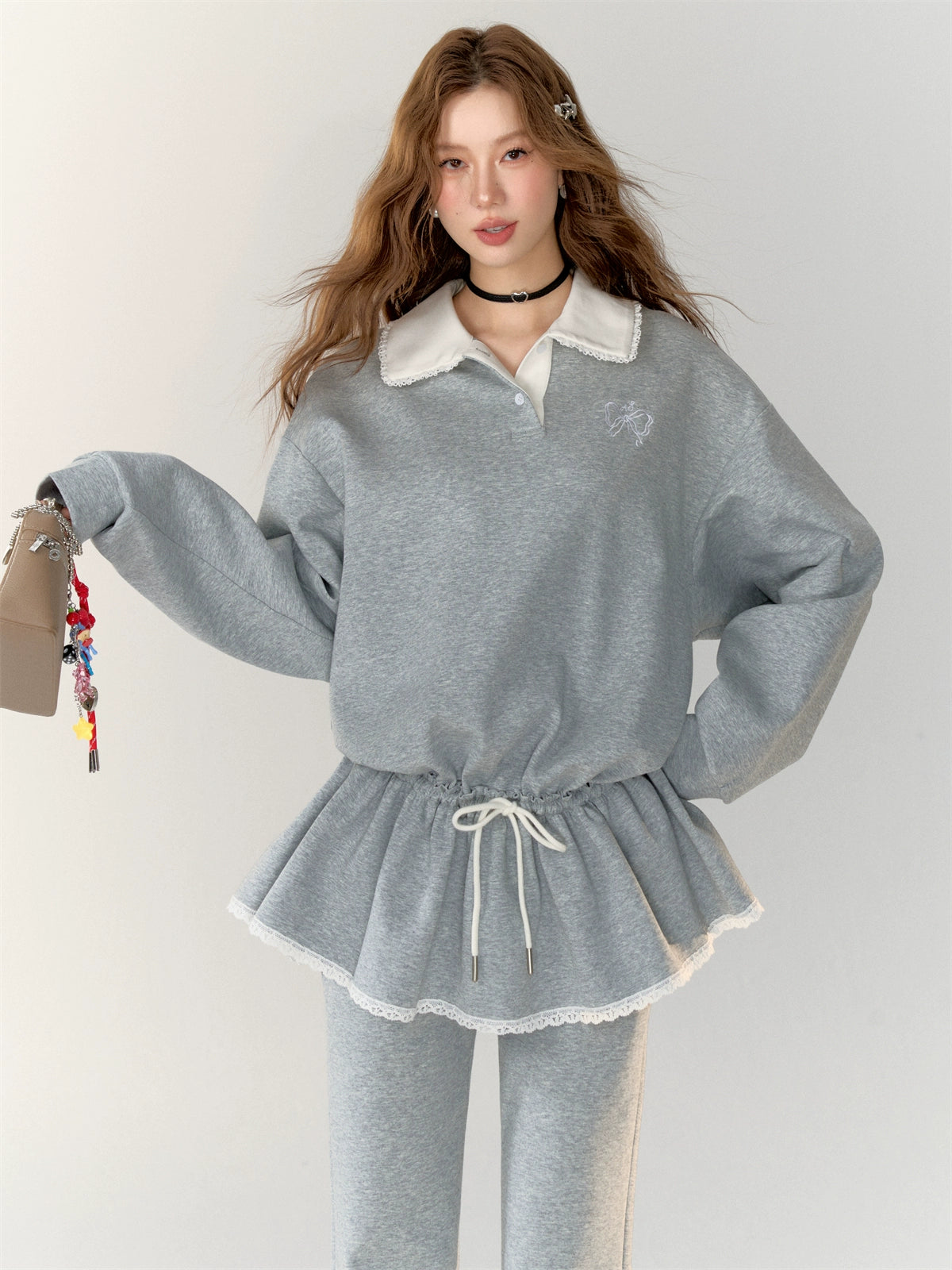 Lace Trim Bow Tie Long Sleeve Polo Sweatshirt