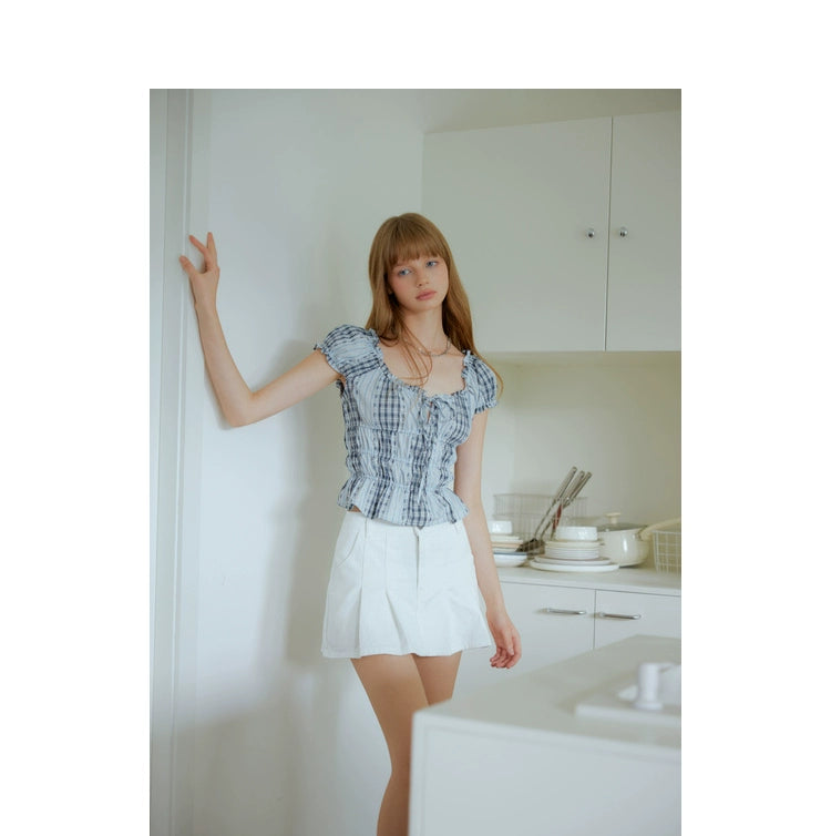 Blue Gingham Bubble Sleeve T-shirt