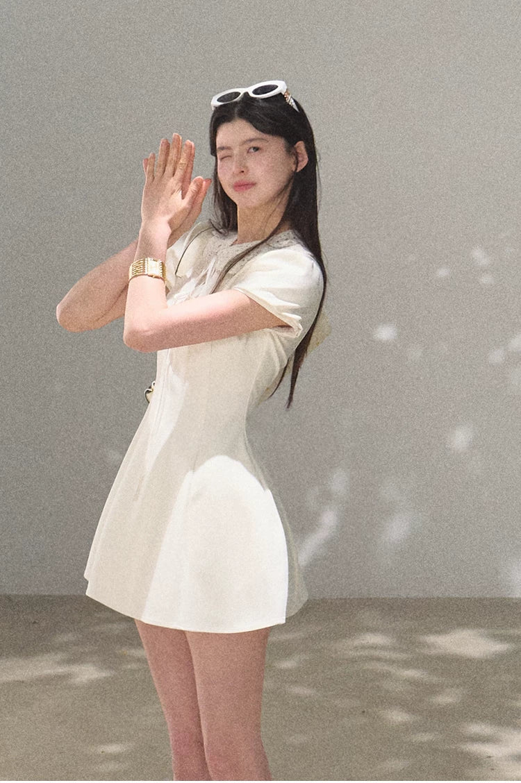 Detachable Crocheted Peter Pan Collar Cinched-Waist Mini Dress