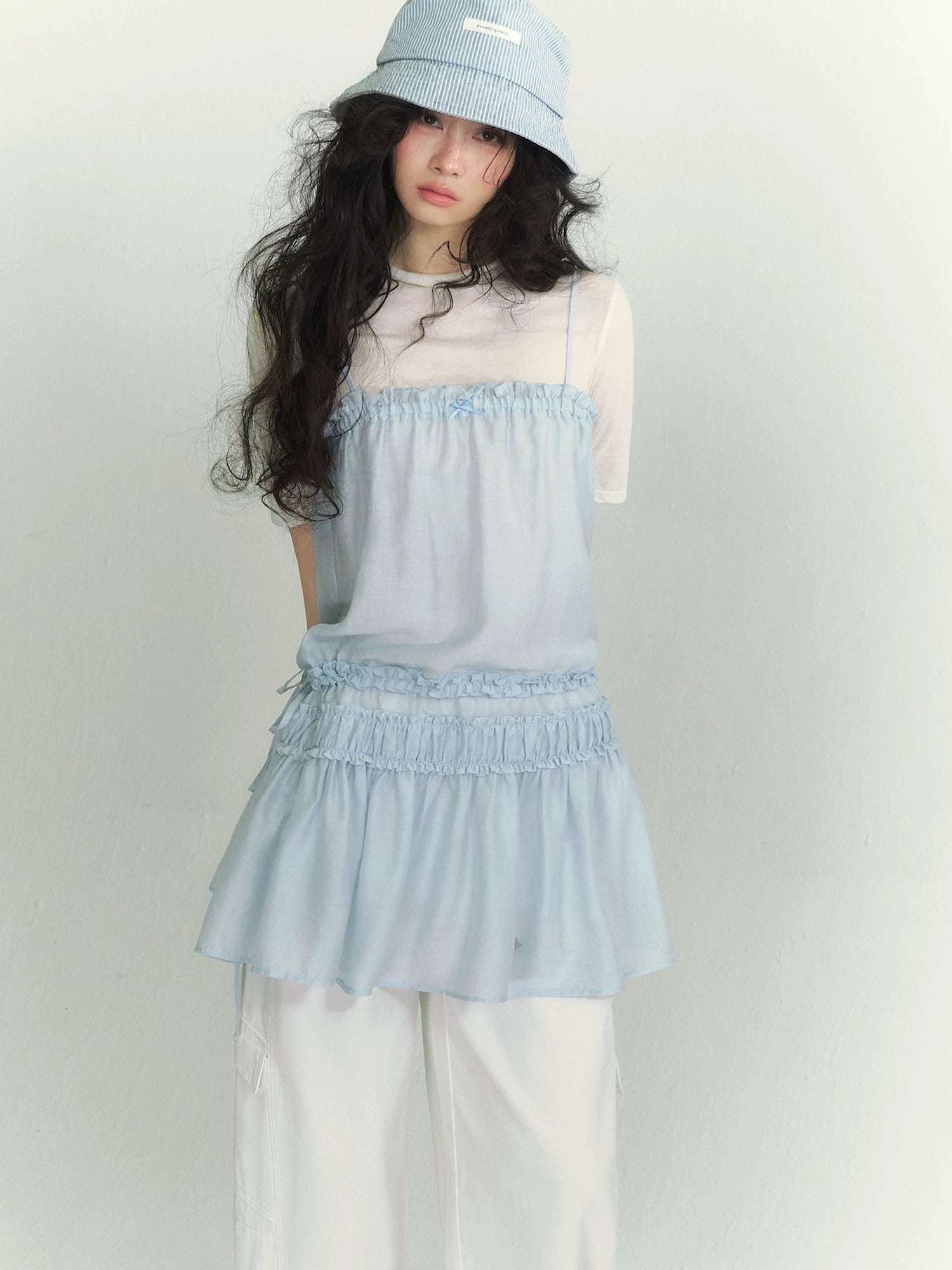 Layered Ruffle Strap Dress &amp; Sheer High-Neck Tee Set