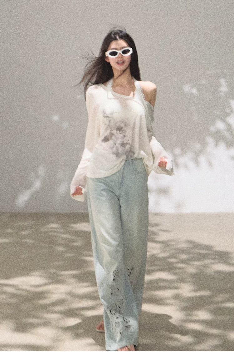 Asymmetric Wool-Modal Lightweight Off-Shoulder Knit T-shirt