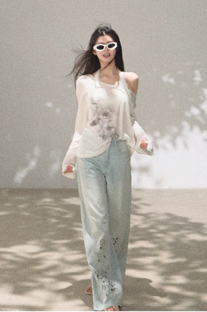 Asymmetric Wool-Modal Lightweight Off-Shoulder Knit T-shirt