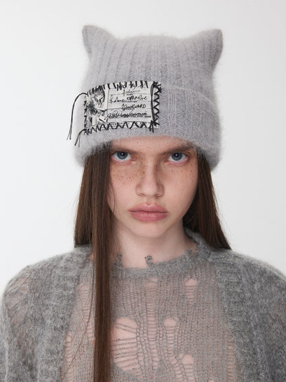 Hand-Stitched Cat-Ear Angora Knit Beanie