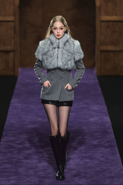 Faux Fur Collar Layered Double-Breasted Blazer Set