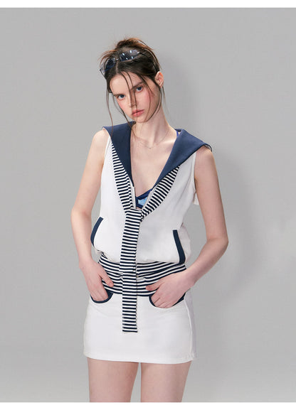 Color-Block Nautical Sailor Collar Sleeveless Top