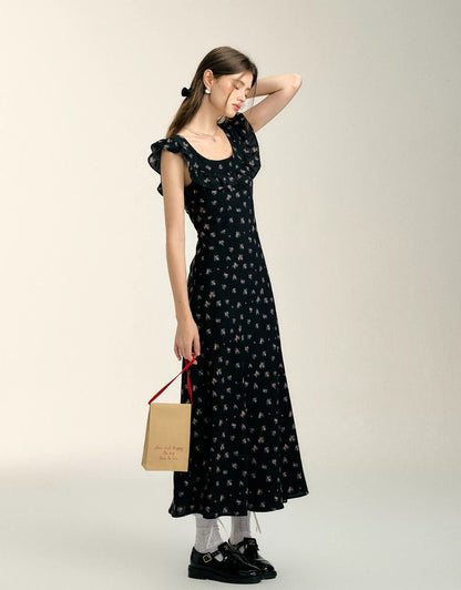 Black Tie-up Floral Dress