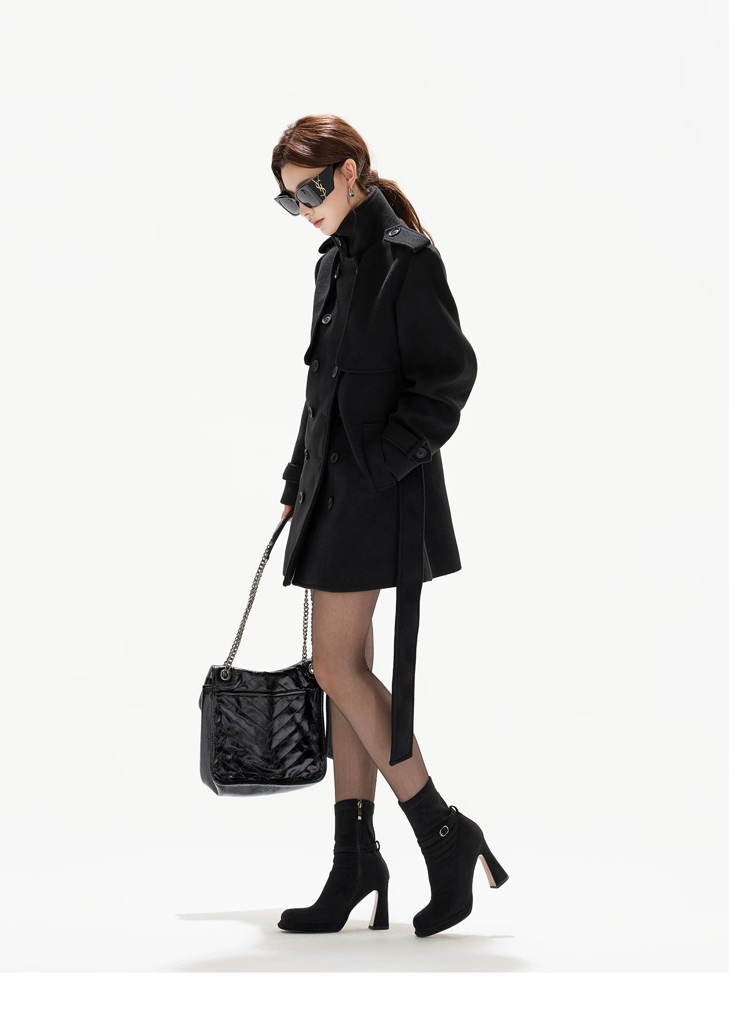 Belted Collar Mid-Length Wool-Feel Jacket