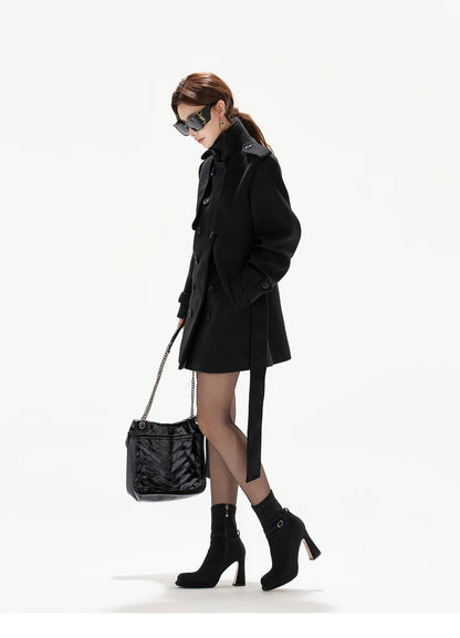 Belted Collar Mid-Length Wool-Feel Jacket