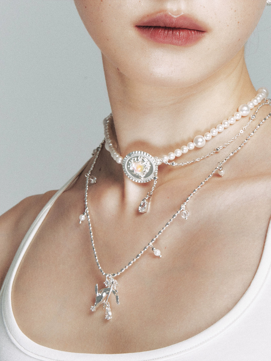 Silver Opal Heart &amp; Pearl Necklace